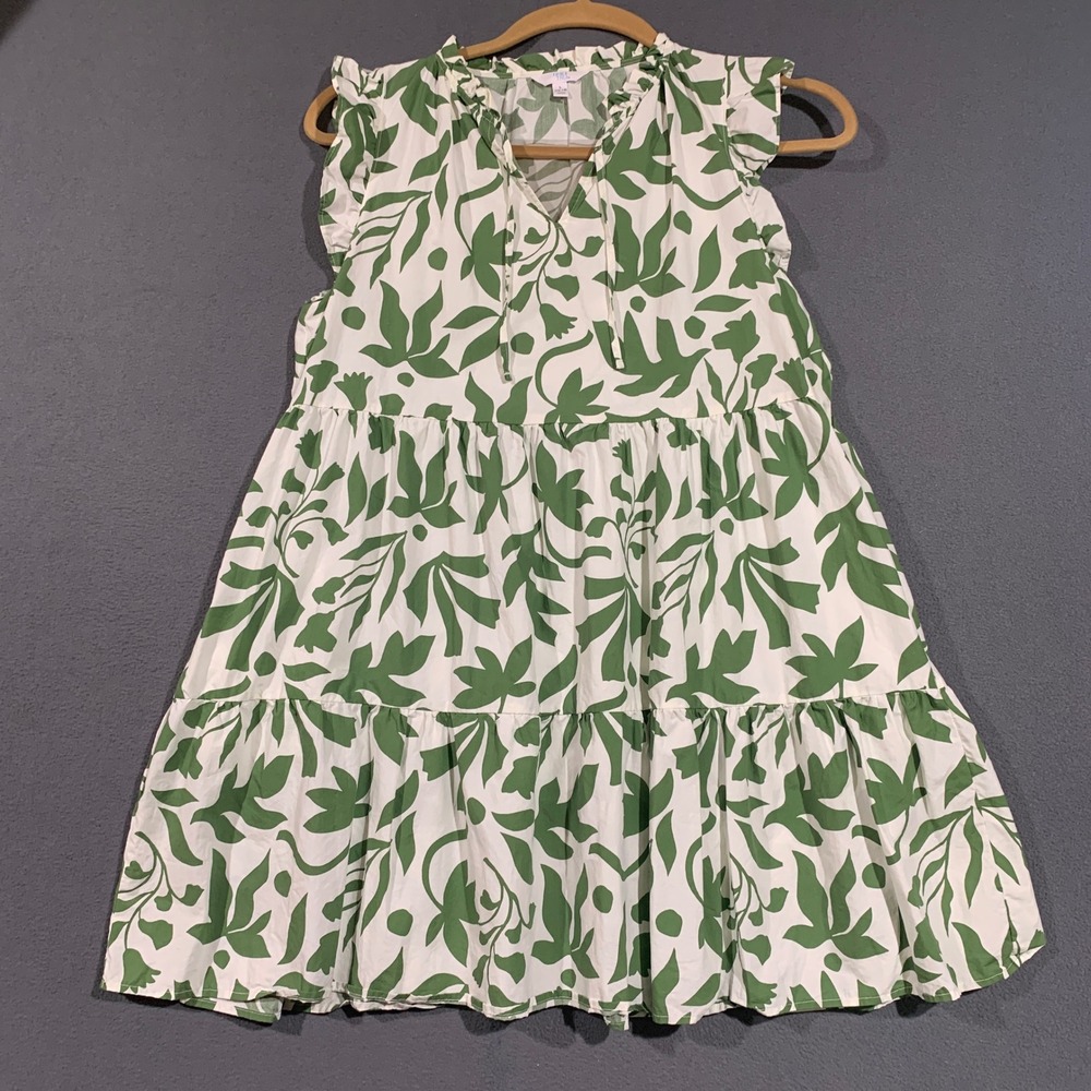 Time and Tru Womens Green White Floral Tiered Mini Dress Ruffle Cotton L 12-14